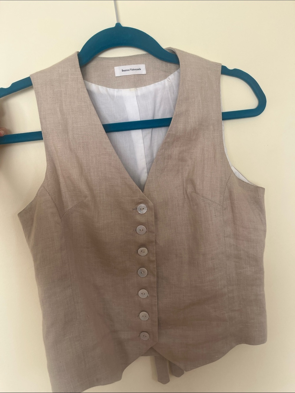 Beatrice Valenzuela Beige Linen-Blend Button Front Vest